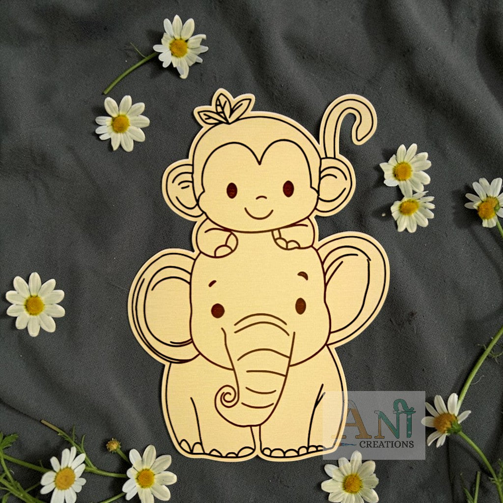 Cartoon elephant with monkey  4 MDF Cutout